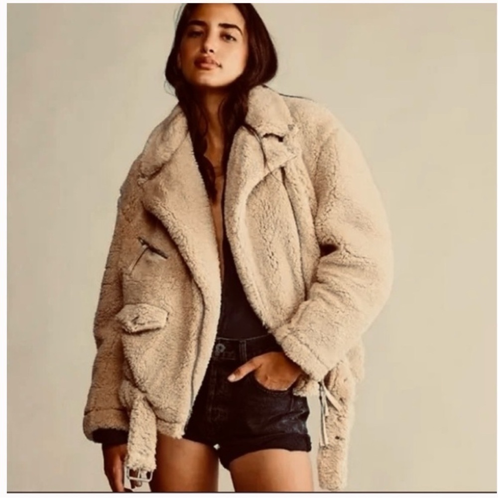 Free People Shaggy Teddy Moto Jacket in Beige